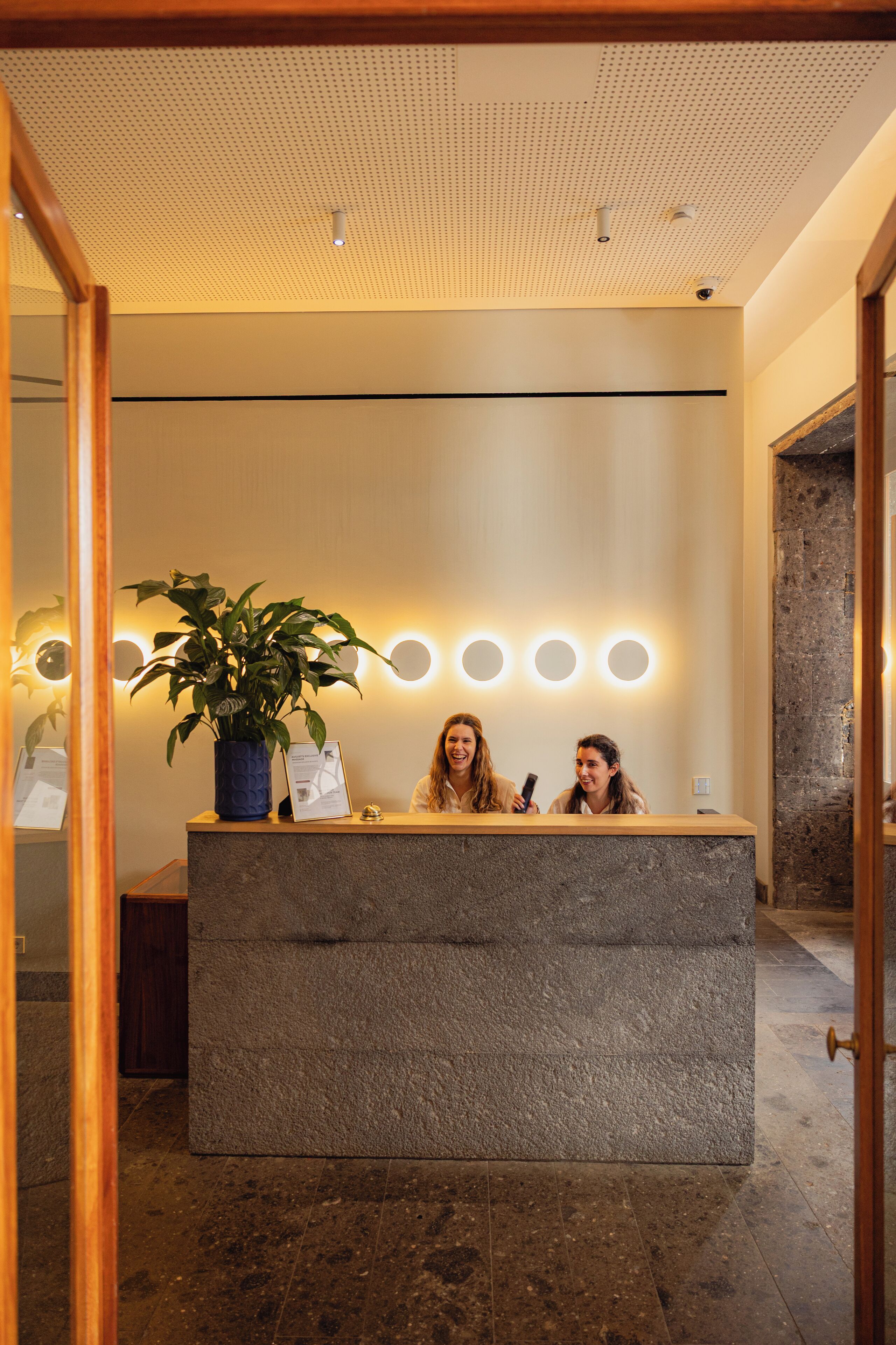 A reception desk with a potted plant, a mirror, and a wall-mounted light fixture.