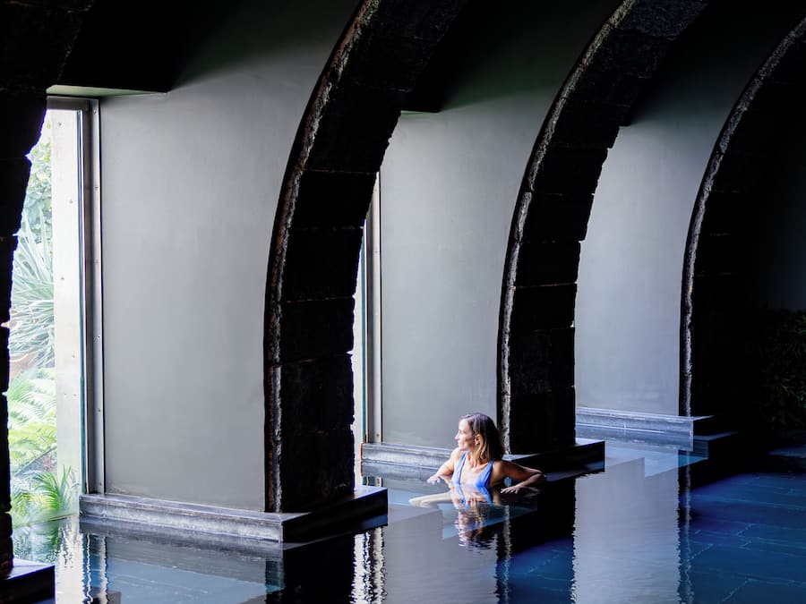 Indoor pool, open 9:00 AM to 9:00 PM, sun loungers