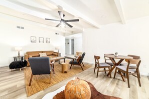 Smart TV, fireplace, table football, books