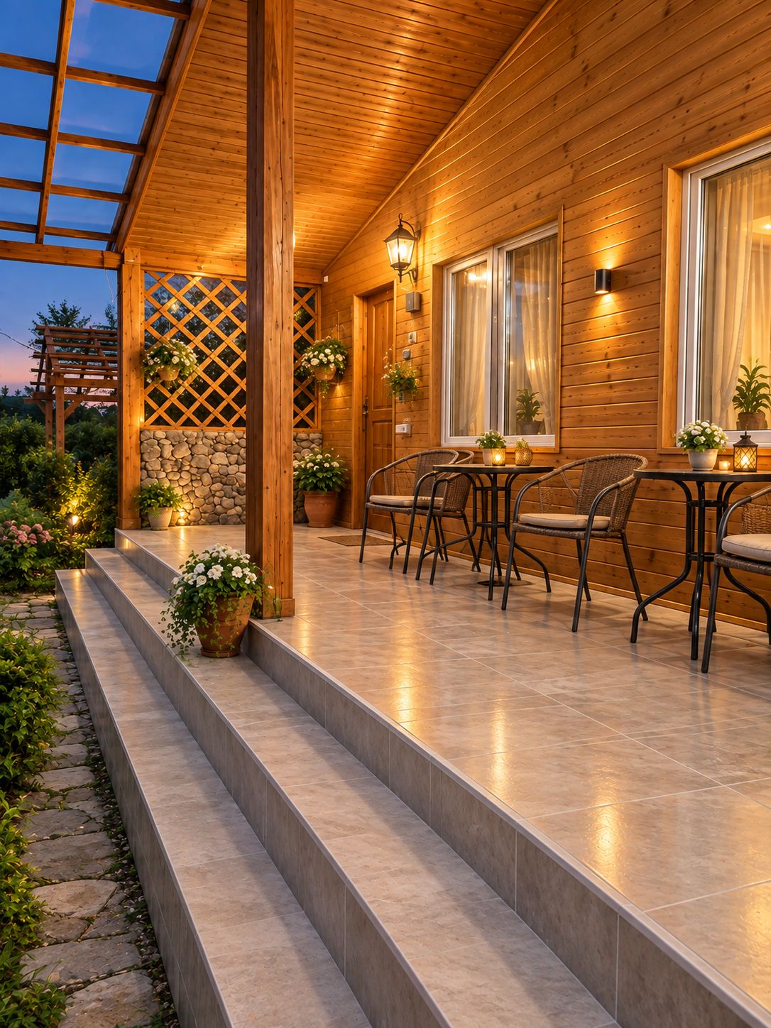 A wooden cabin with a patio area featuring a table and chairs, stone steps, and potted plants.