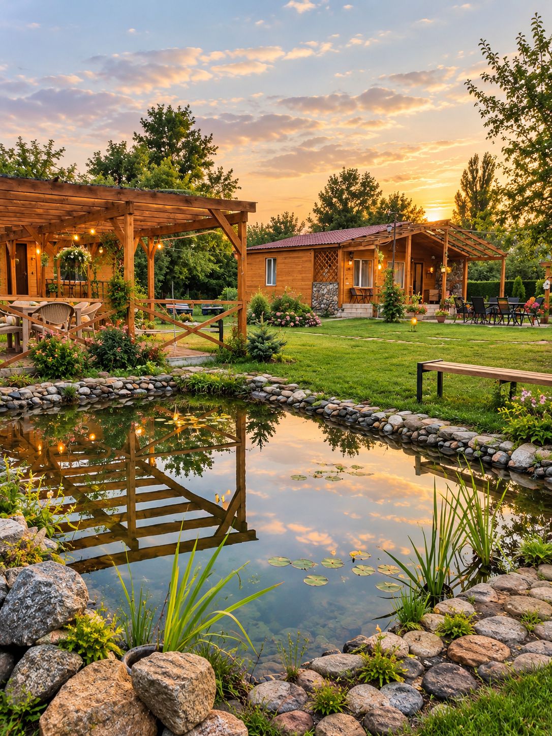 A wooden gazebo, a stone pond, and a wooden house with a patio.