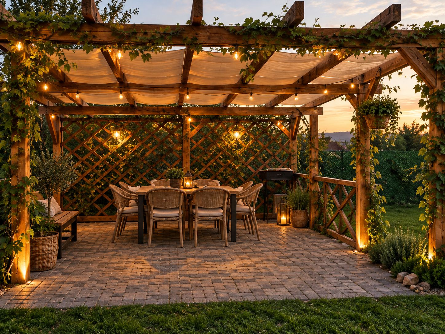 An outdoor patio with a wooden pergola, wicker furniture, and string lights.