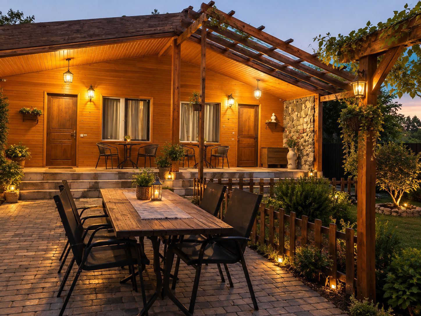A wooden building with a covered patio, outdoor seating, and a stone wall.
