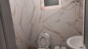 Hair dryer, towels, soap, toilet paper
