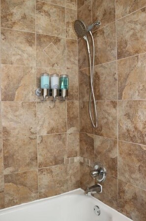 Hair dryer, towels, soap, shampoo