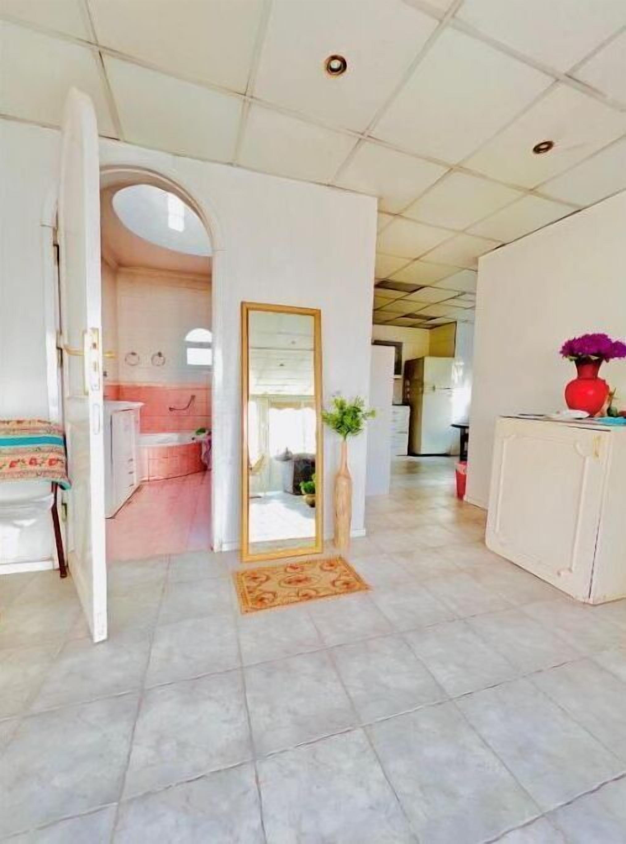 A spacious hallway with a large mirror, a potted plant, and a red vase on a cabinet.