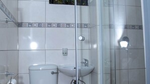 Un baño con inodoro, lavamanos y cabina de ducha de vidrio.