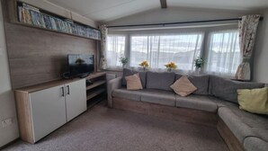 Un salón con un sofá gris, un televisor sobre un mueble de madera y una estantería llena de libros.