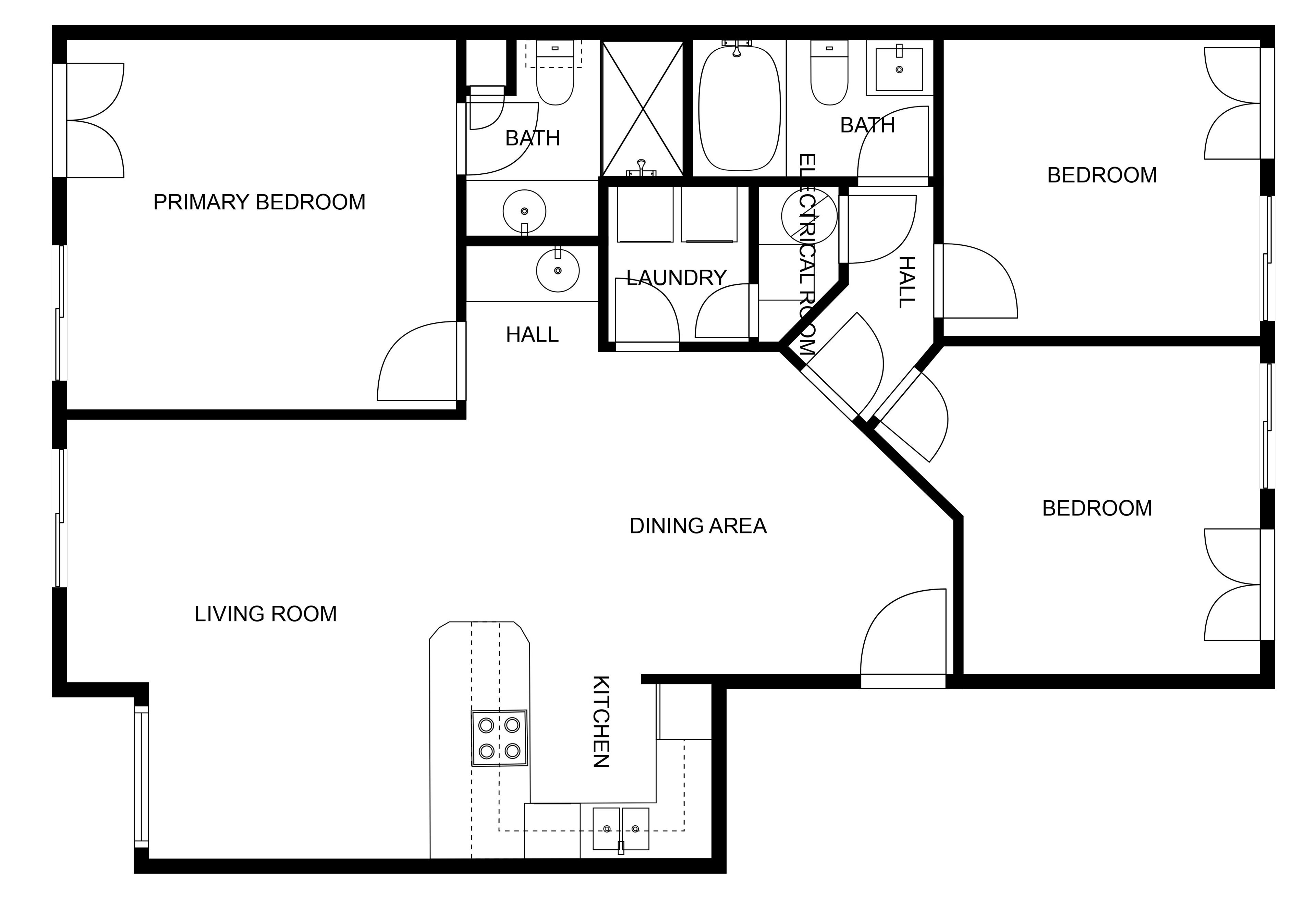 A floor plan of a house with a primary bedroom, two bedrooms, a living room, a dining area, a kitchen, a bathroom, a laundry room, and a hall.