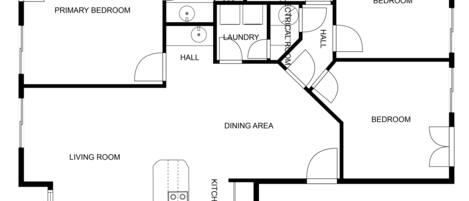 A floor plan of a house with a primary bedroom, two bedrooms, a living room, a dining area, a kitchen, a bathroom, a laundry room, and a hall.