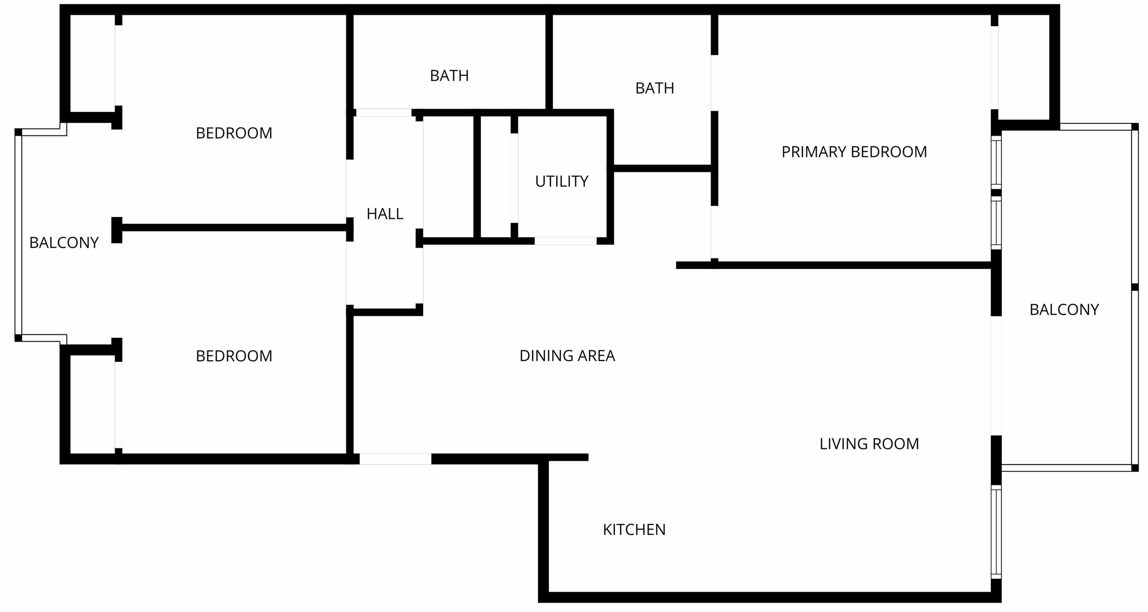 Un plan d’étage comprenant deux chambres, une salle de bain, une buanderie, un coin repas, une cuisine, un salon, un balcon et un hall d’entrée.