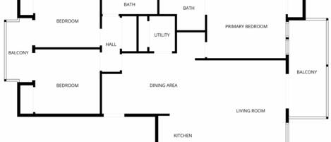 Un plan d’étage comprenant deux chambres, une salle de bain, une buanderie, un coin repas, une cuisine, un salon, un balcon et un hall d’entrée.