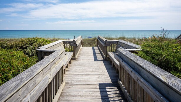 A wooden boardwalk leading to a beach with a clear view of the ocean. - POOL & DOGS WELCOME! Easy Beach Access (Emerald Isle)