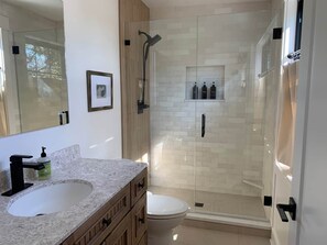 Shower, hair dryer, soap, shampoo
