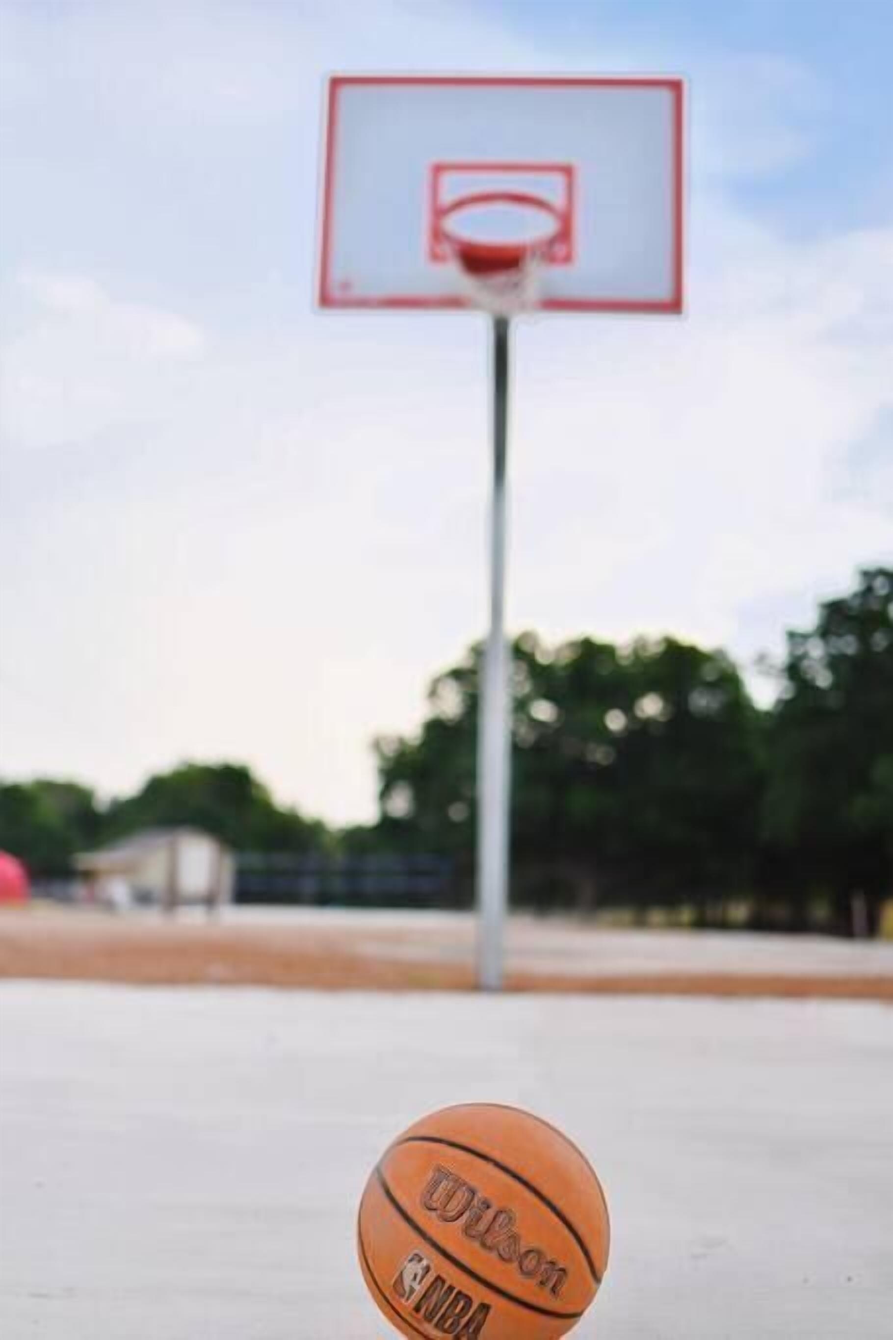 A basketball court with a hoop and a ball.