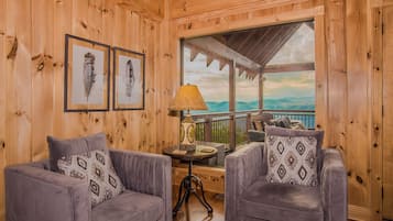 Luksusmökki | Oleskelualue | Taulutelevisio, takka, tablettitietokone, Netflix