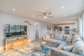 Smart TV, fireplace, books