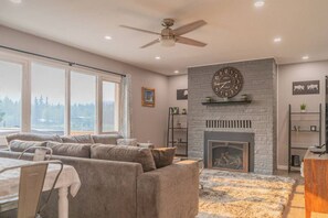 Smart TV, fireplace, books