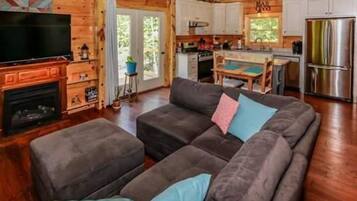 Smart TV, fireplace, books, computer monitors