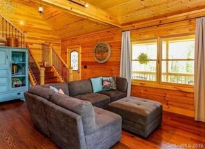 Smart TV, fireplace, books, computer monitors