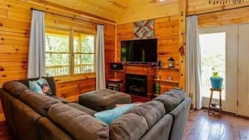 Smart TV, fireplace, books, computer monitors