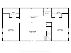 Un plano de planta que muestra un dormitorio, baño, sala de recreación, sala de billar y área de lavandería.