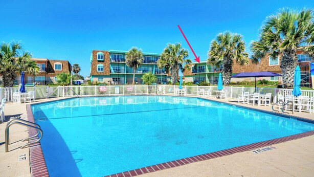 A swimming pool with a white fence, palm trees, and a building with balconies in the background.