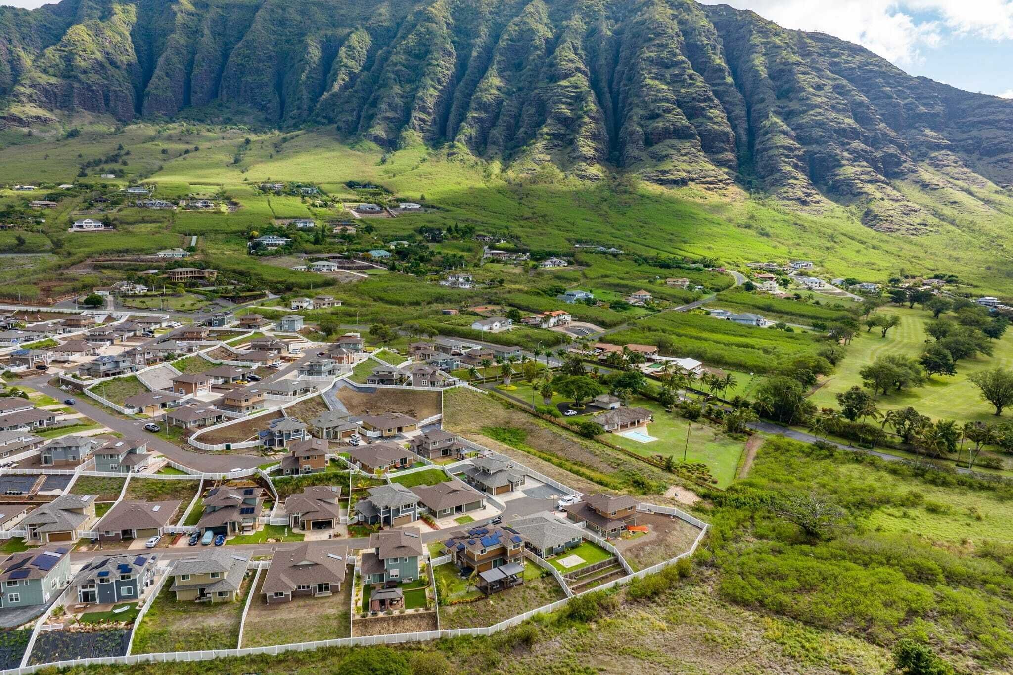 A residential area with houses, roads, and a mountainous backdrop.