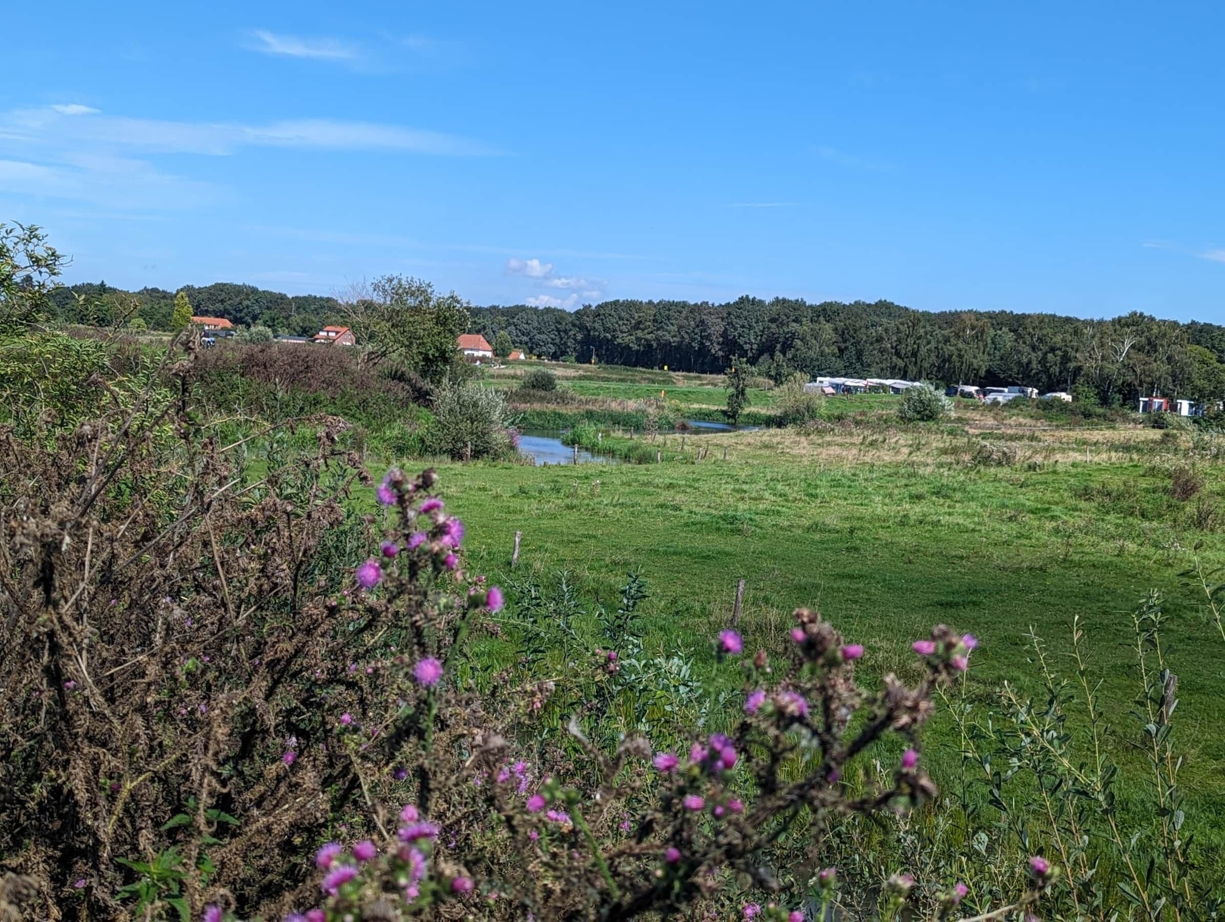 Un paisaje rural con un pequeño estanque, campos verdes y casas dispersas.