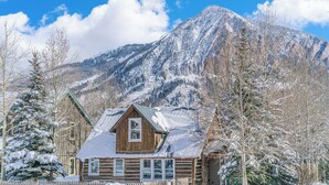 A log cabin with a snow-covered roof, surrounded by snow-laden trees and a mountain in the background.