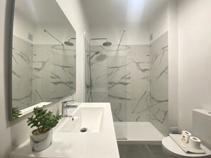 Shower, hair dryer, towels