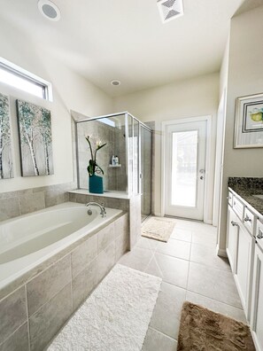 Hair dryer, towels, soap, shampoo