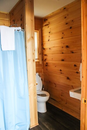 Douche, serviettes fournies, papier toilette