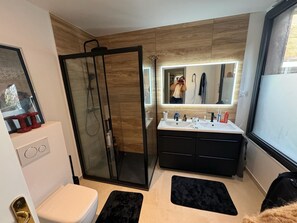 Douche, séchoir à cheveux, serviettes fournies, savon