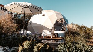 Una estructura en forma de cúpula geodésica con zona de patio, rodeada de cactus y plantas desérticas.