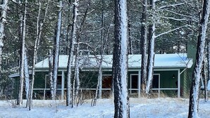 A cabin with a green exterior, surrounded by snow-covered trees. - Alpine Dog Friendly Cabin! (Alpine)