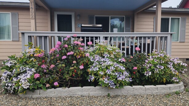 A residential building with a porch, a mailbox, and a gravel driveway.