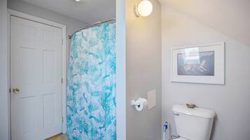 Hair dryer, towels, soap, shampoo