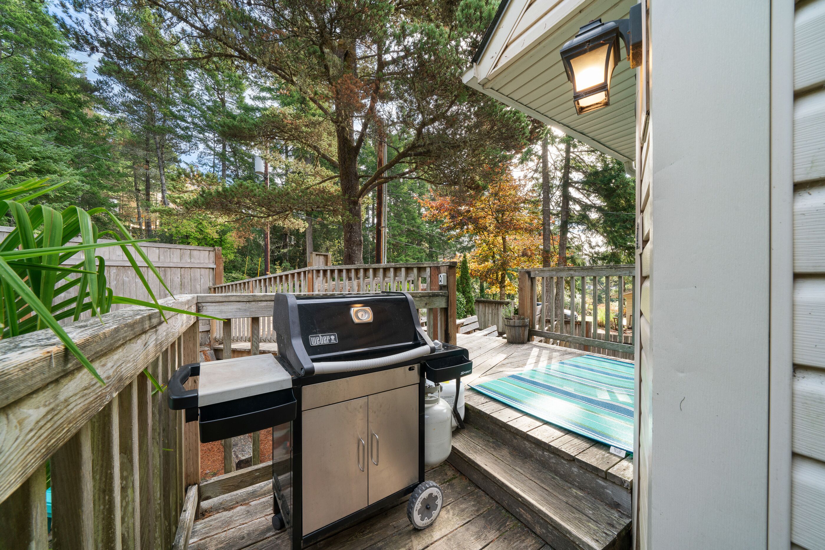 Un jardin avec un barbecue, une terrasse en bois et une piscine.