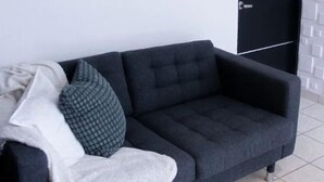 Een moderne woonkamer met een donkergrijze bank, een witte deken en een schilderij van een vuurtoren aan de muur.