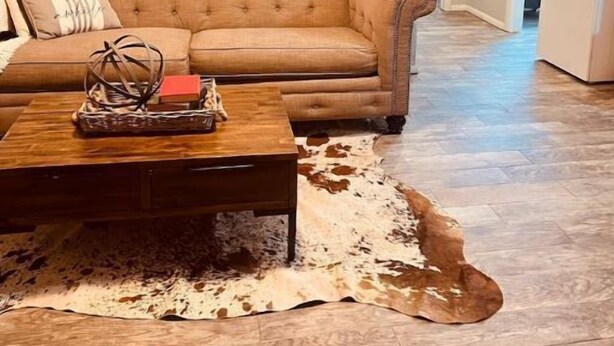 A living room with a beige sofa, a wooden coffee table, and a cowhide rug. - welcome to the soonerschooner (Norman)