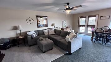 Smart TV, fireplace, video games, DVD player