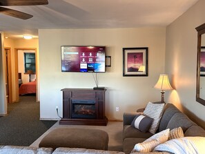 Smart TV, fireplace, video games, DVD player
