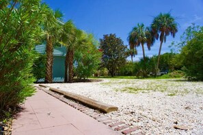 Stroll through lush gardens surrounded by palm trees and shrubs, leading to a building with a serene atmosphere.