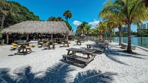 Eine Strandlandschaft mit strohgedeckten Hütten, Picknicktischen und Palmen.