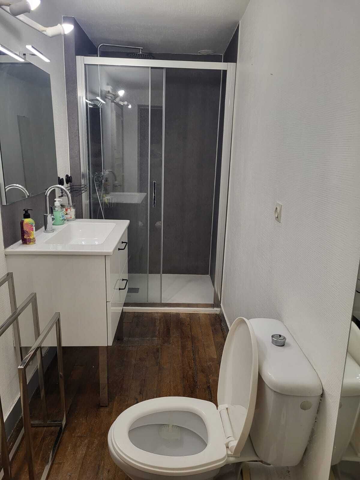Un baño moderno con cabina de ducha de vidrio, un lavamanos blanco y un inodoro.