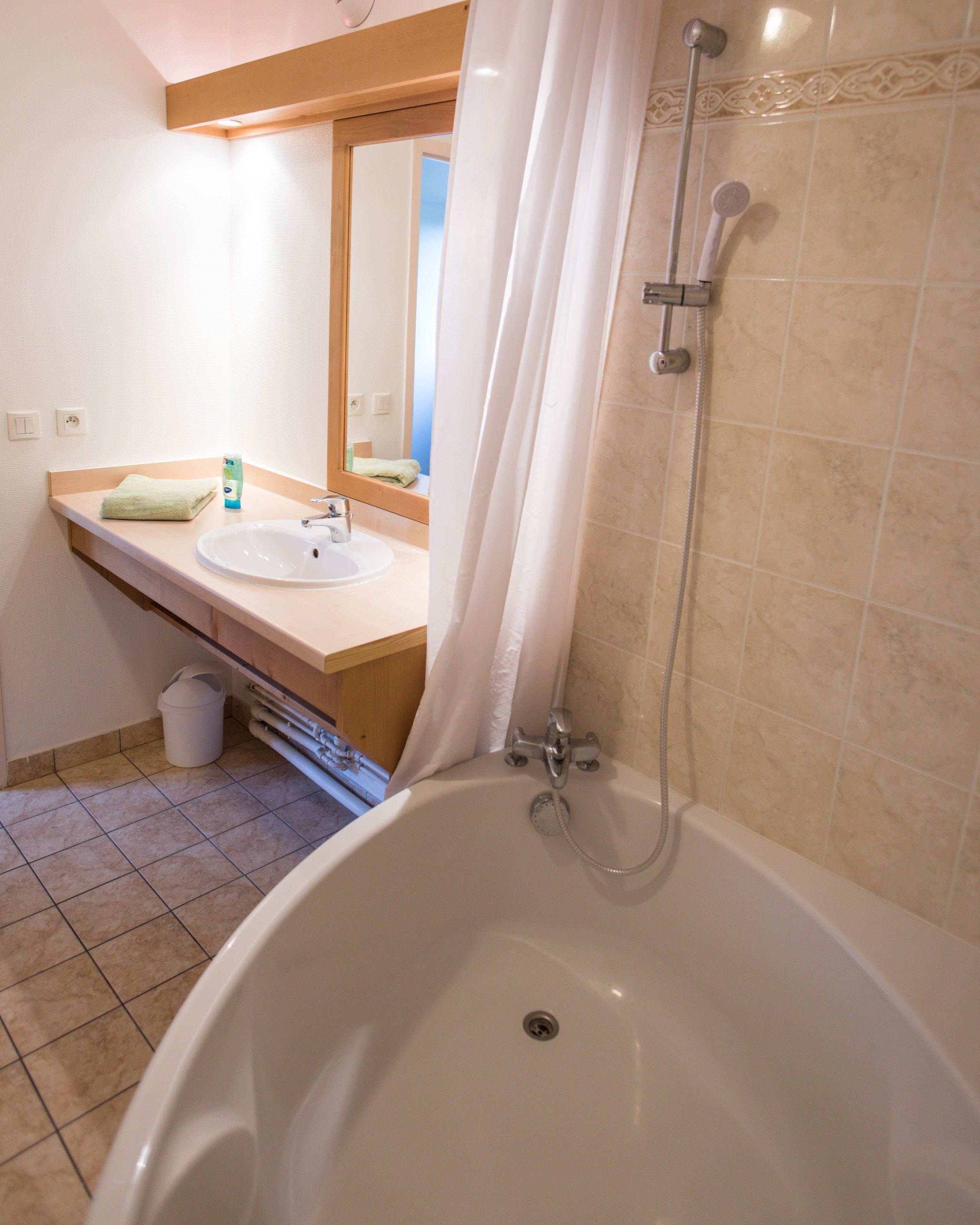 Un bany amb banyera, un lavabo, un mirall i una dutxa.
