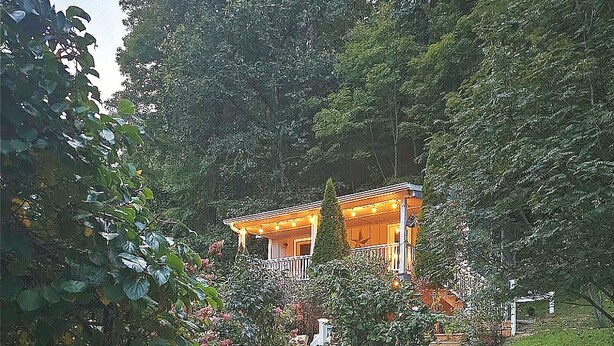 A wooden staircase leading to a house with a porch, surrounded by lush greenery. - Gorgeous, cozy, private retreat - Hot tub, views, CLOSE TO EVERYTHING. 43 acres! (Banner Elk)