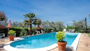 A rectangular swimming pool with a curved edge, surrounded by a brick patio. There are potted plants and outdoor furniture. - Agriturismo "Il Grappolo E La Rosa - Sagrantino" with Shared Pool, Private Terrace, and Wi-Fi (Montefalco)