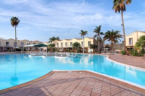 En swimmingpool med ett kaklat poolområde, palmer och byggnader i bakgrunden.